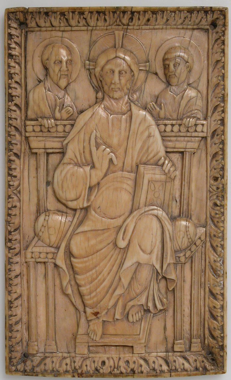 Emléktábla Krisztussal, két apostollal trónol, Karoling, 850-875. alkotó: Unbekannt