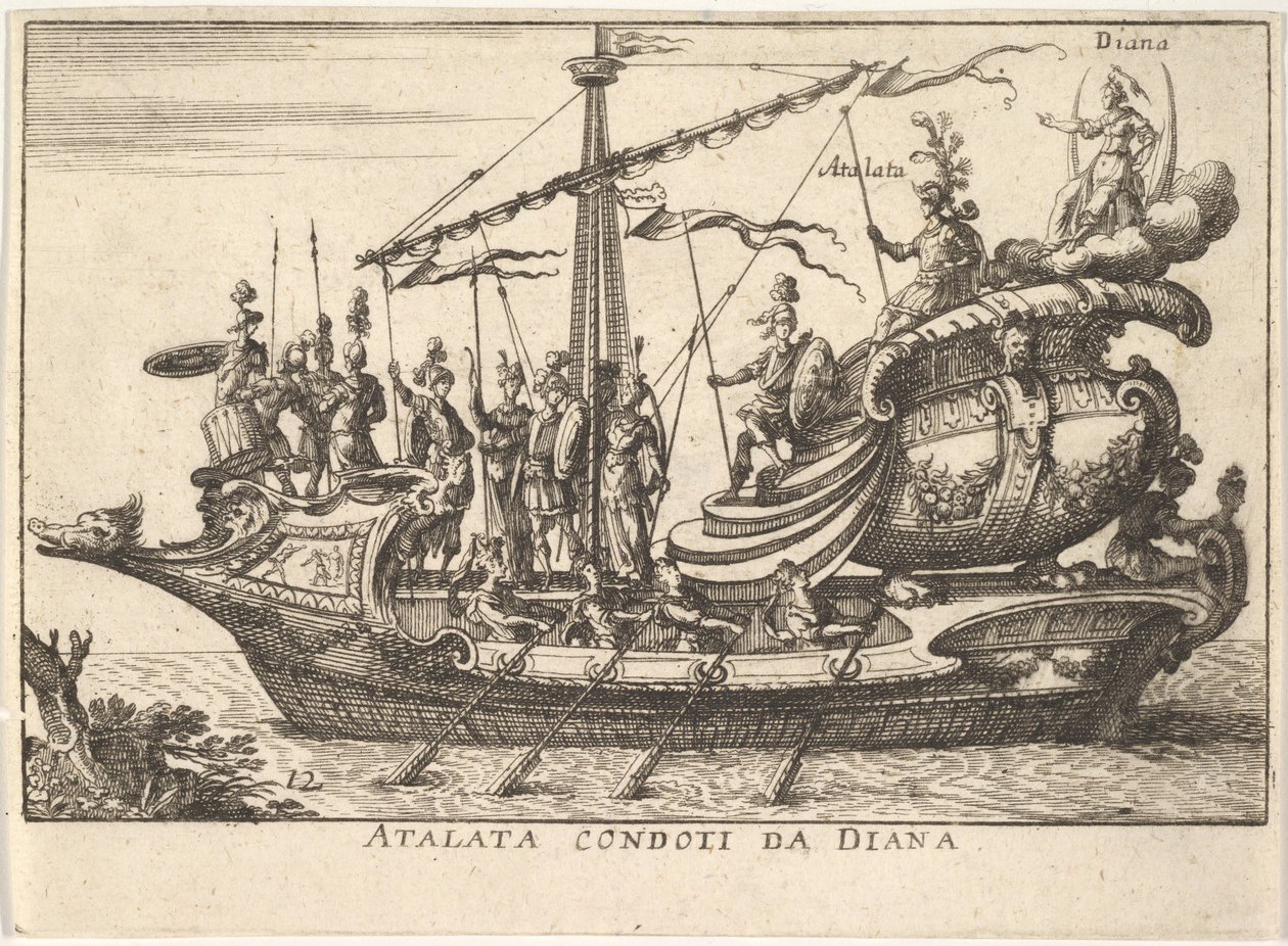 12. tábla: Atalanta Diana Atalata condoti da Diana vezetésével, medve harcosai kíséretében, 1664. alkotó: Unbekannt