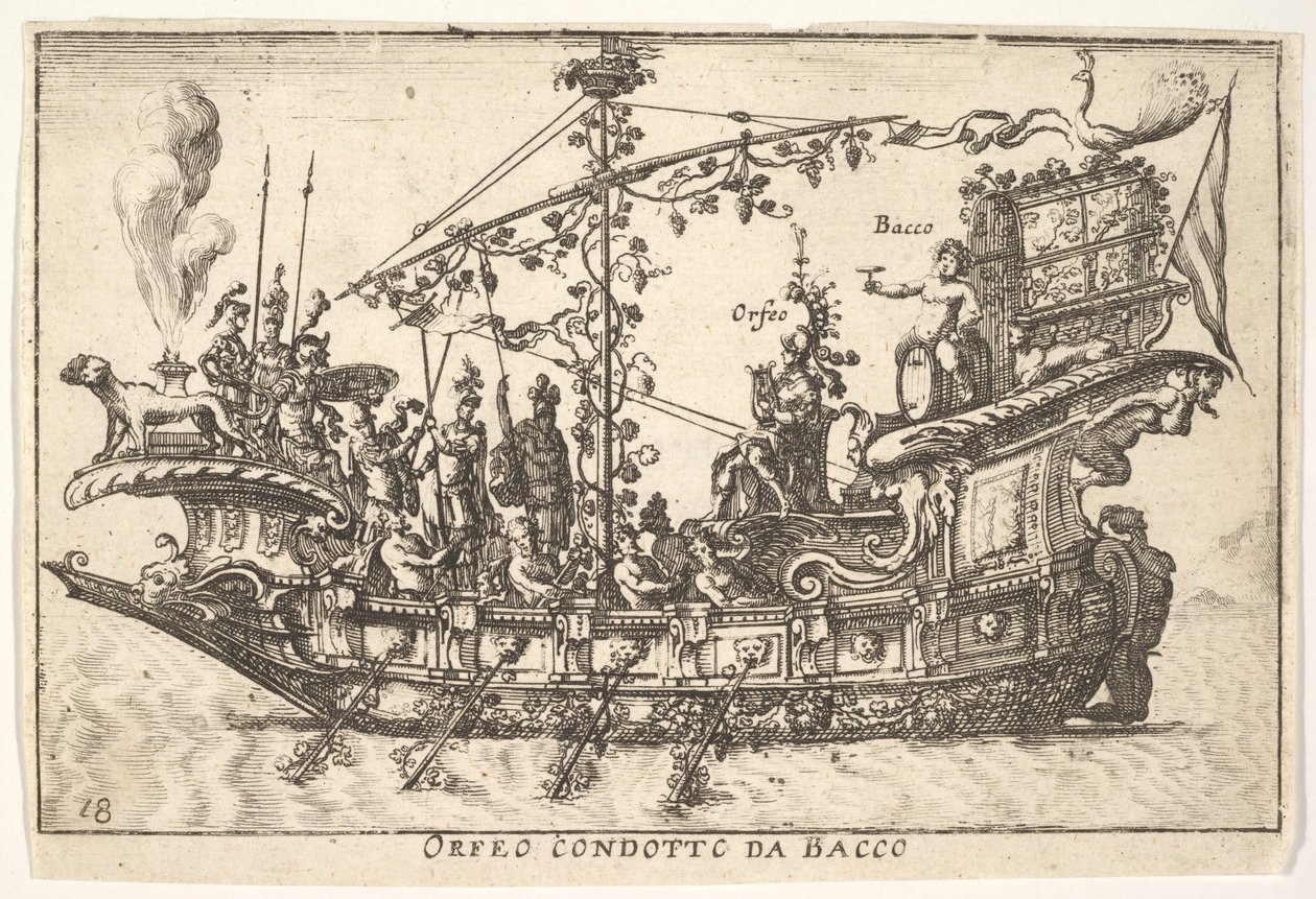 18. tábla: Orpheus Bacchus Orfeo condotto da Bacco vezetésével, a The magnifice... sorozatból, 1664. alkotó: Unbekannt
