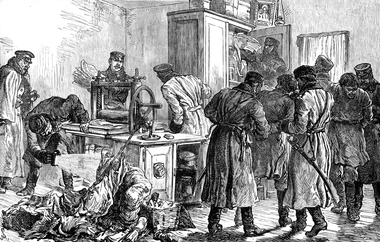 A rendőrség nihilista nyomdát fedez fel Szentpéterváron, Oroszországban, 1887 alkotó: Unbekannt