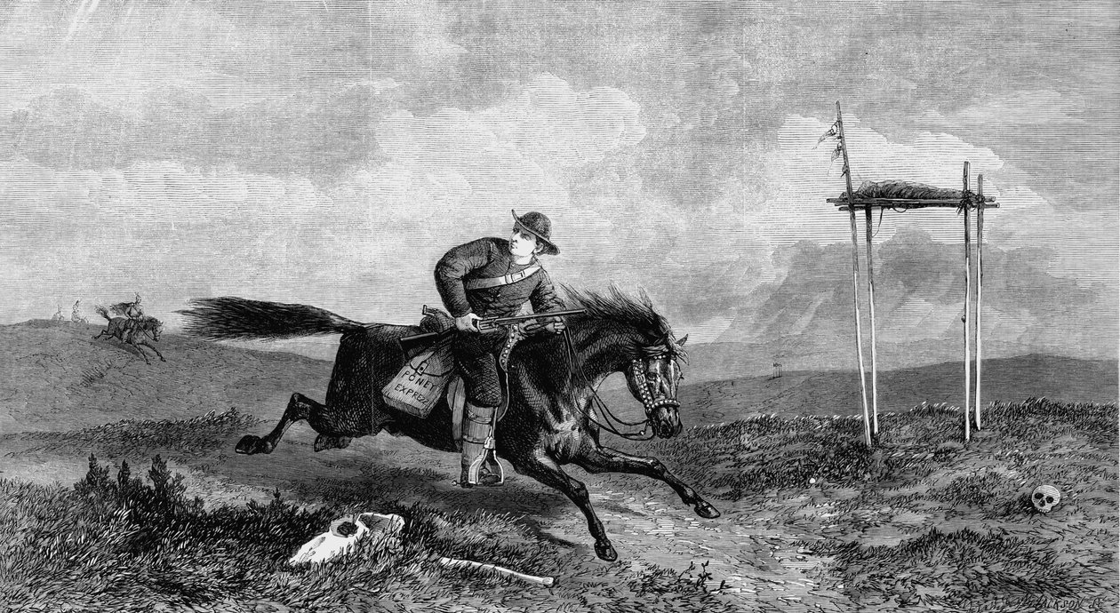 A Pony Express lovasa ellenséges országban szeli át az amerikai bennszülötteket, 1861 alkotó: Unbekannt