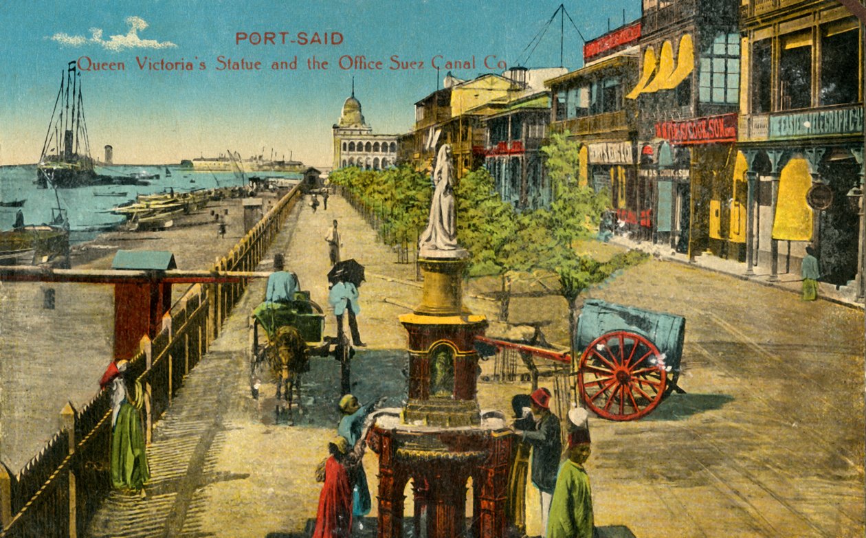 Port-Said – Viktória királynő szobra és az Office Suez Canal Co., c1918-c1939. alkotó: Unbekannt