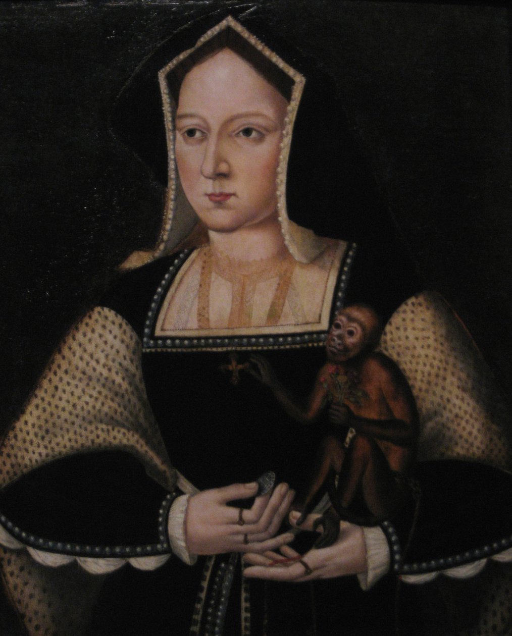 Aragóniai Katalin portréja kedvenc majmjával, Lucas Horenbout utáni másolat, 1530 körül alkotó: Unbekannt