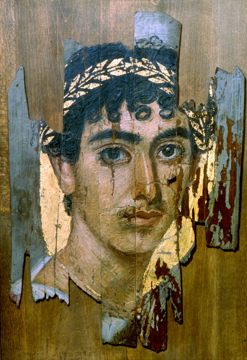 Aranykoszorús fiatal portréja, Fayum múmia portréja, római-egyiptomi, 2. század eleje alkotó: Unbekannt