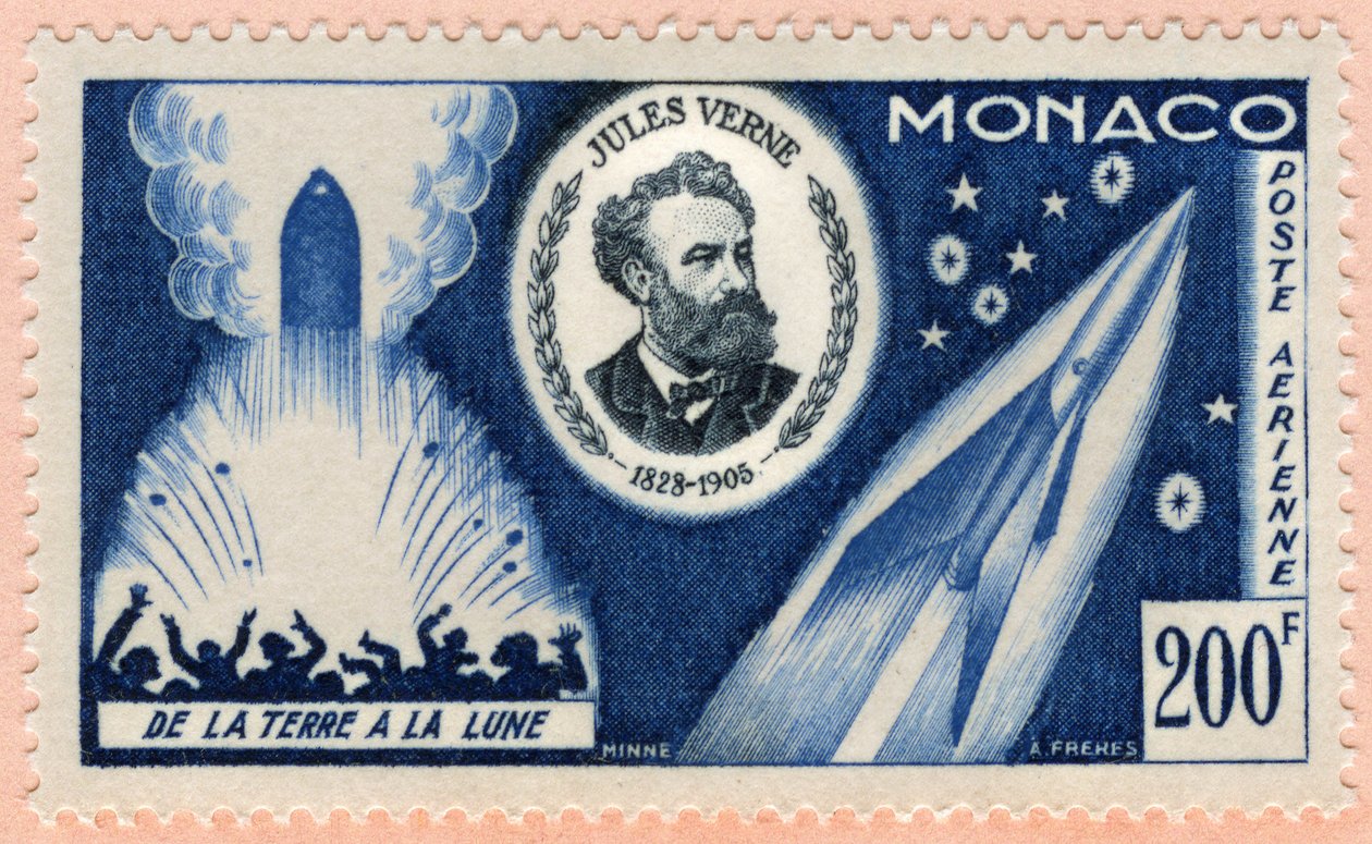 Postai bélyeg, amelyet 1955. június 7-én adtak ki Monacóban Jules Verne író halálának ötvenedik évfordulója alkalmából (nyomtatott) alkotó: Unbekannt