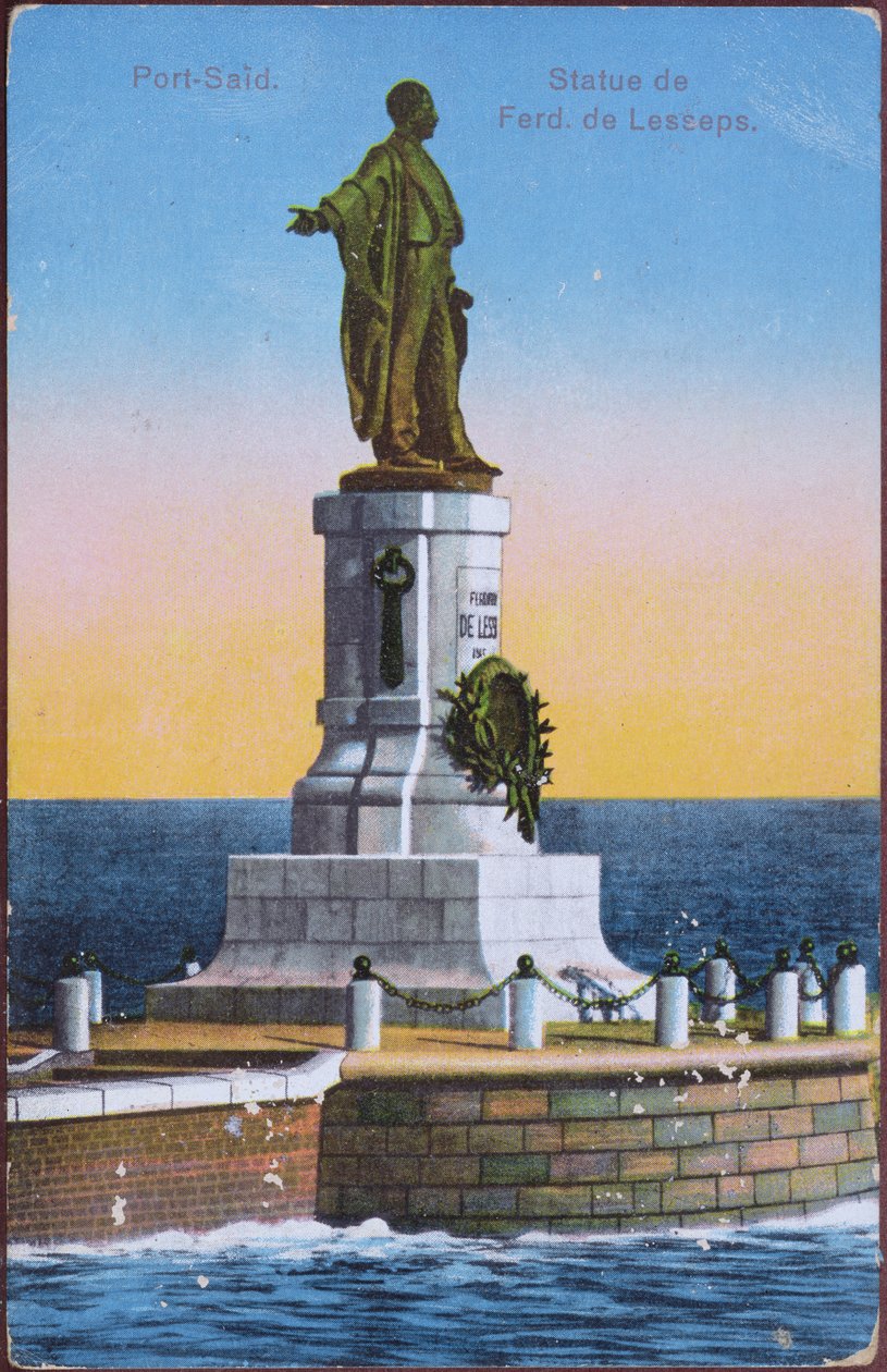 Képeslap Ferdinand de Lesseps szobrát ábrázoló Port Said kikötőben, huszadik század eleje (színes litó) (fénykép után) alkotó: Unbekannt