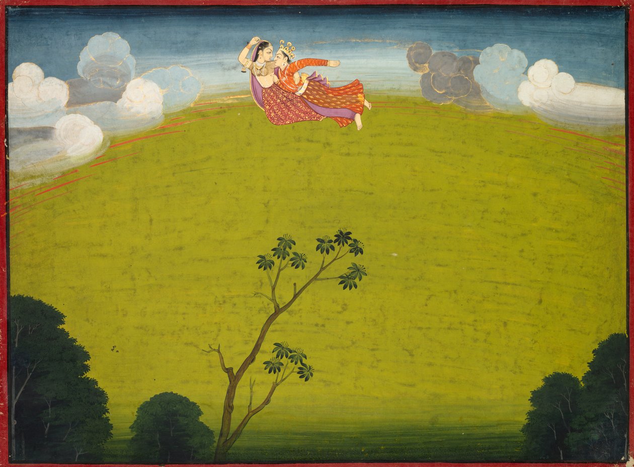 Pradyumna és Mayavati repülnek Dvarakába, a Nagy Basohli Bhagavata Puránából, kb. 1760-1765. alkotó: Unbekannt