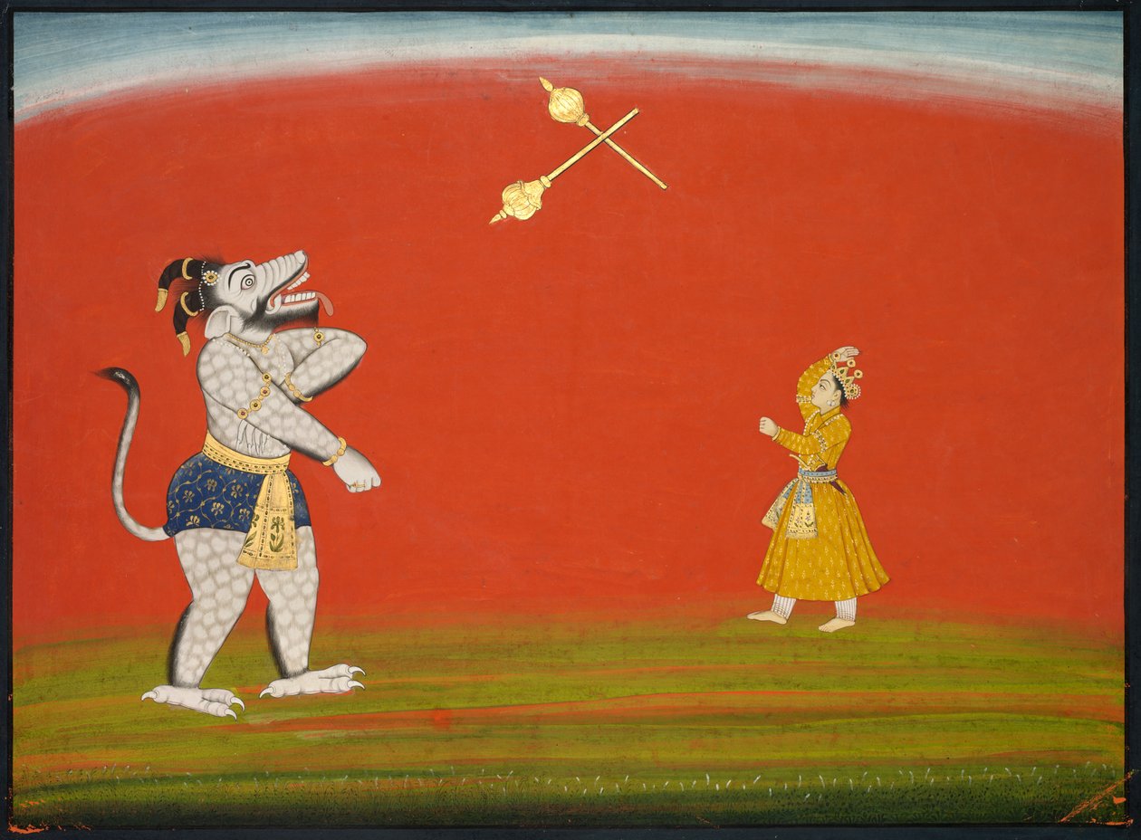 Pradjumna és Samvara buzogányokkal harcol: Levél a nagy Basohli Bhagavata Puránából, c. 1760-1765 alkotó: Unbekannt