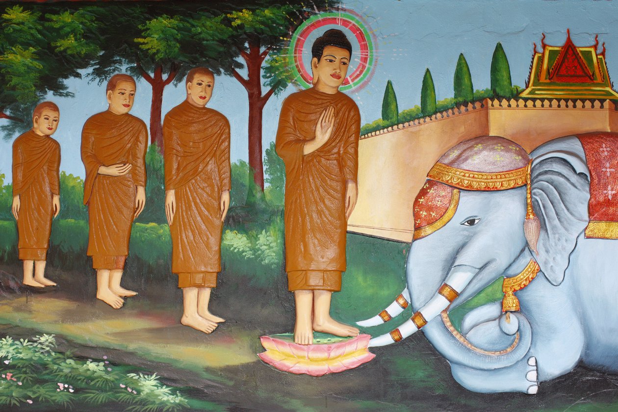 Preah Prom Rath kolostor A Buddha életeA Loving-Kindness által megszelídített vad elefánt, Siem Reap, Kambodzsa alkotó: Unbekannt