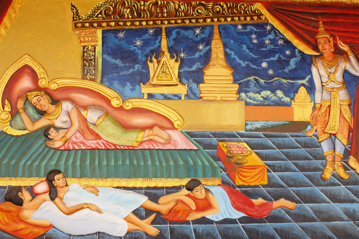 Preah Prom Rath kolostor Buddha életeEgy ideig a herceg visszatért a palotai életbe, de nem volt benne öröme még a hír, hogy felesége, Yasodhara fiút szült, nem tetszett neki. A gyermeket Rahulának hívták, Siem Reap, Kambodzsa alkotó: Unbekannt