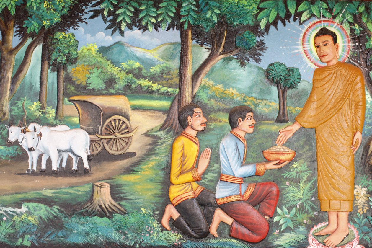 Preah Prom Rath kolostor Buddha élete Siddhartha Gautama két brahmantól kapott ételt, Siem Reap, Kambodzsa alkotó: Unbekannt