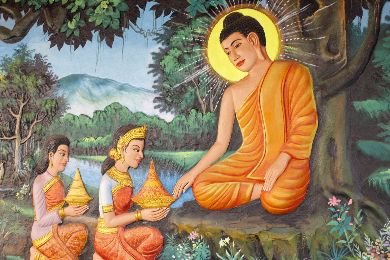 Preah Prom Rath kolostorA Buddha életeA lemondás Egyik reggel egy Sujata nevű lány finom tejes-rizs kását kínált Sziddhártának a kambodzsai Siem Reapben alkotó: Unbekannt