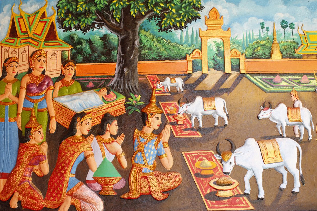 Preah Prom Rath kolostor Buddha életeA fiatal Siddhartha Gautama és édesanyja egy farmerfesztiválon, Siem Reap, Kambodzsa alkotó: Unbekannt