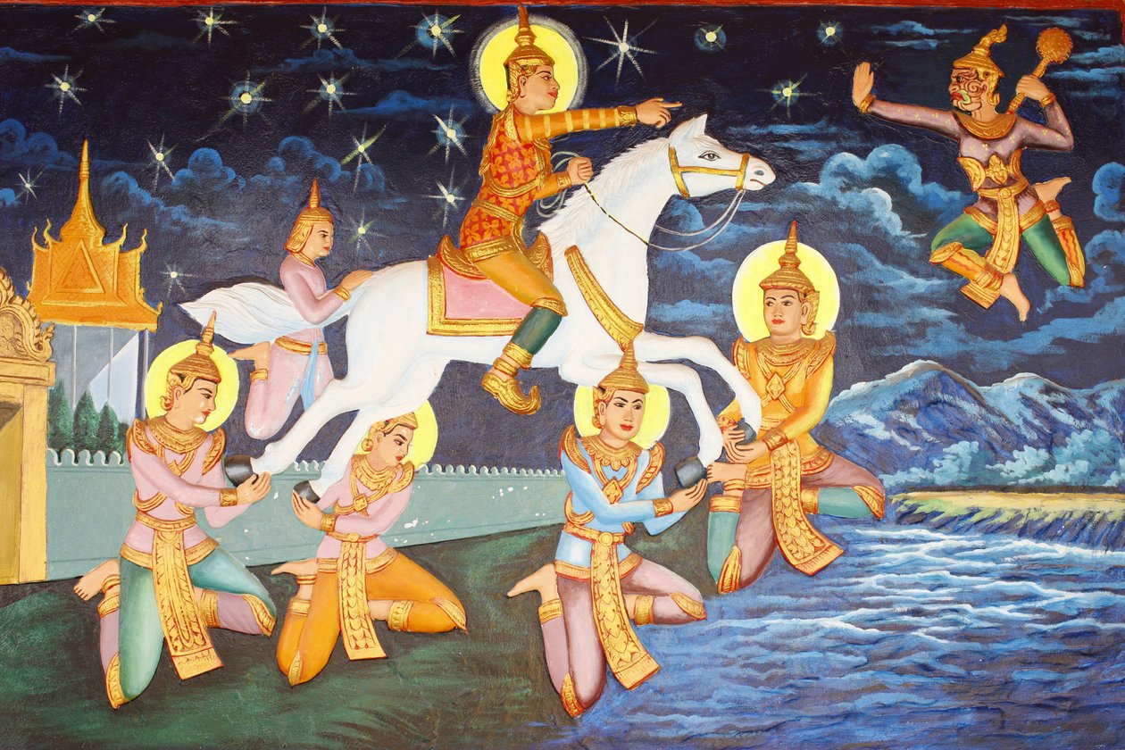 Preah Prom Rath kolostor Siddhartha Gautama egyedül bolyongott a palotában. A luxus, ami valaha tetszett neki, most groteszknek tűnt, Siem Reap, Kambodzsa alkotó: Unbekannt
