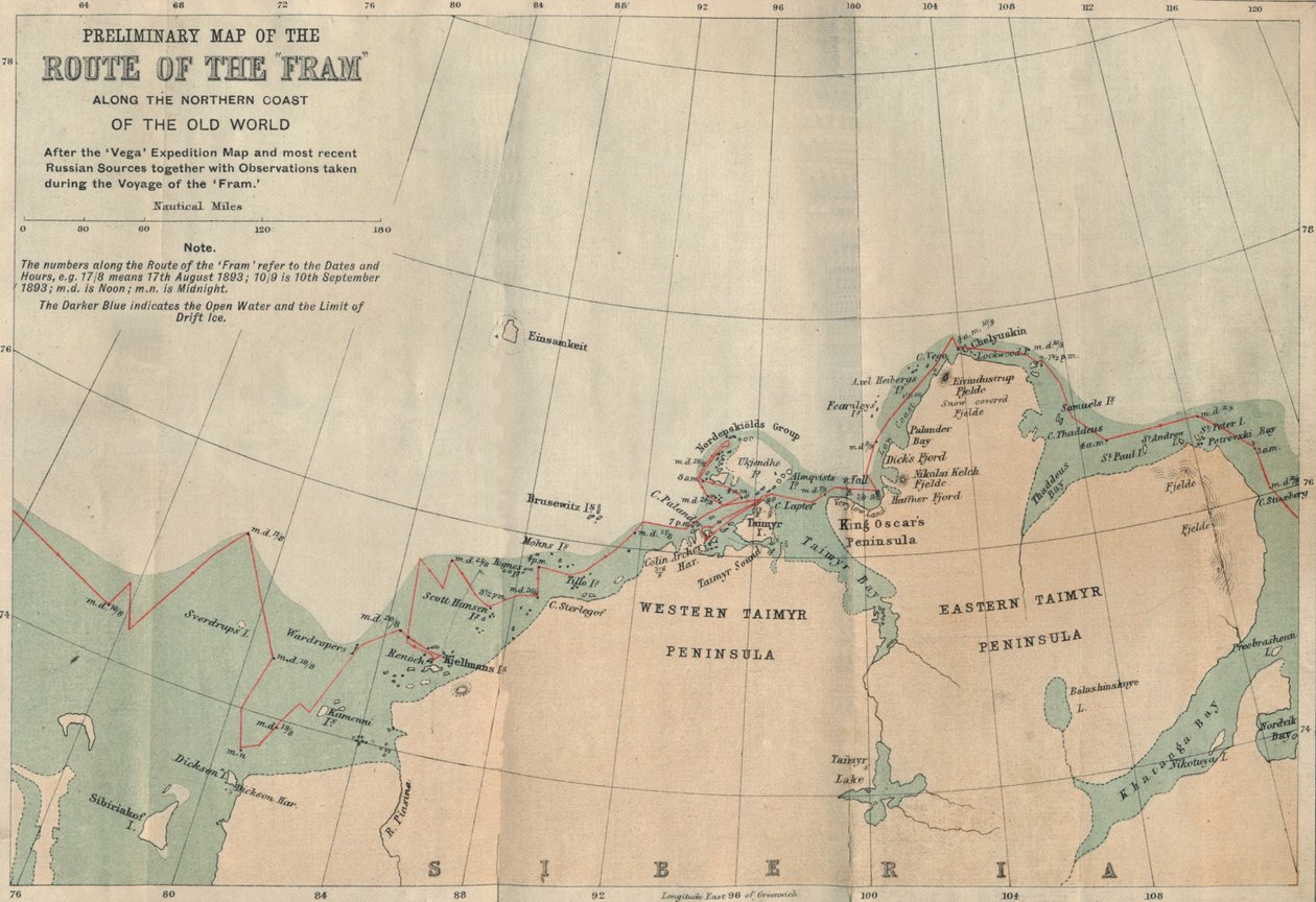 A Fram útvonalának előzetes térképe az Óvilág északi partja mentén, 1893-1896, 1897. alkotó: Unbekannt