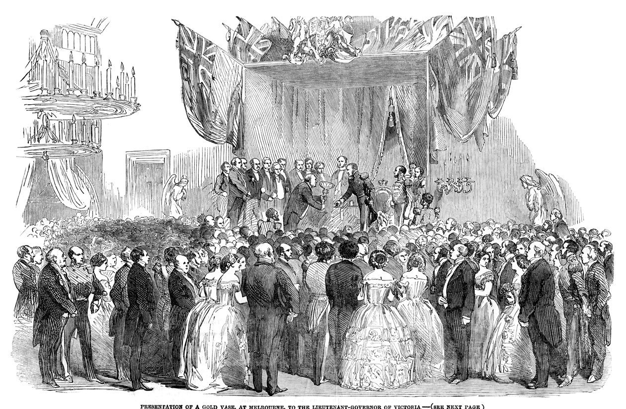 Egy aranyváza bemutatása Melbourne-ben Victoria kormányzójának, 1854 alkotó: Unbekannt