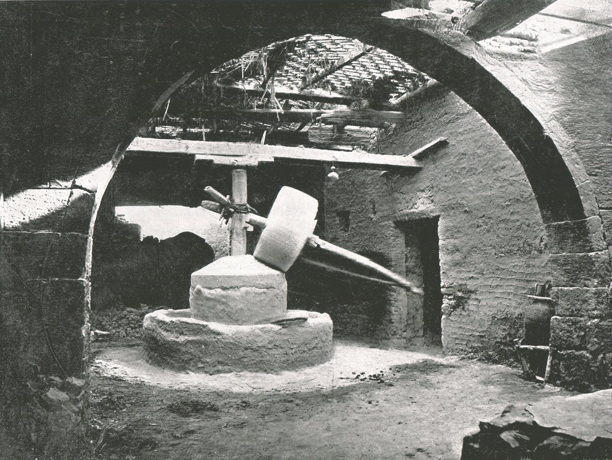Primitív kukoricamalom, Nílus-delta, Egyiptom, 1895. alkotó: Unbekannt