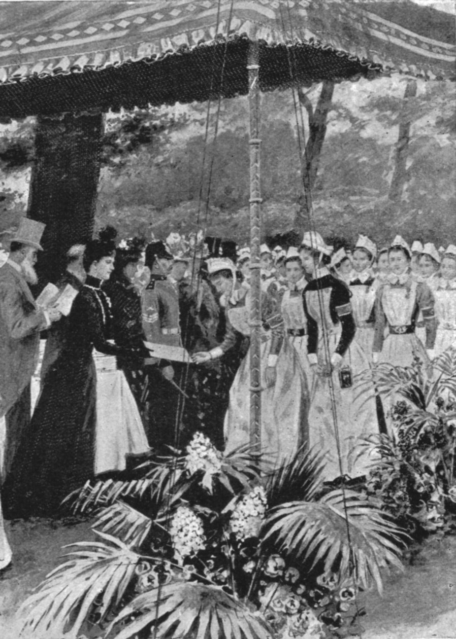 Alexandra hercegnő oklevelet ad át a nővéreknek a Marlborough House-ban, 1899. július 21-én, 1901. alkotó: Unbekannt