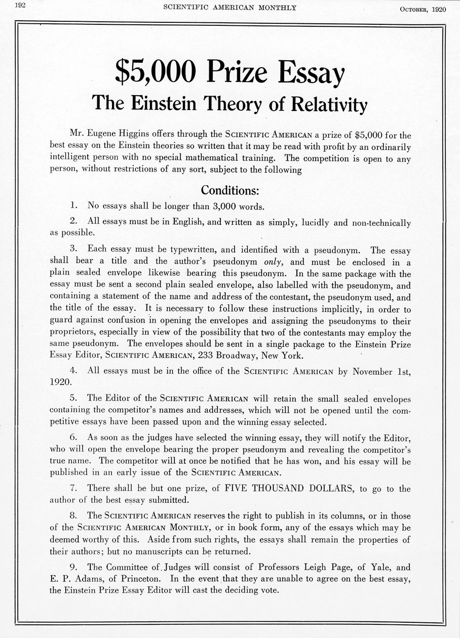A Scientific American 1920. októberi díjat az Einstein relativitáselméletéről szóló esszéért ajánlották fel. alkotó: Unbekannt