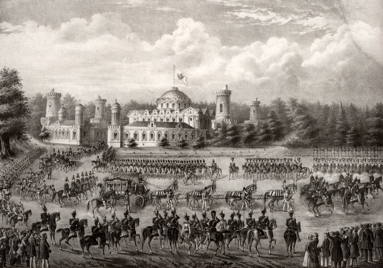 I. Miklós cár 1825-ben, 1826-ban történt koronázása során a Petrovszkij-palotából felvonulás a Nagyboldogasszony-székesegyházba alkotó: Unbekannt