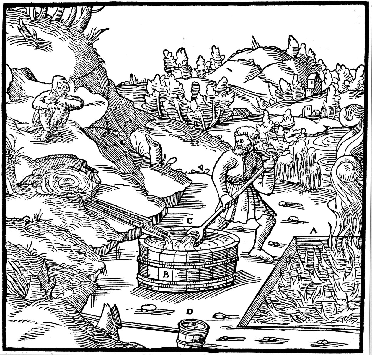 Só előállítása természetes sóoldat elpárologtatásával, égő széngödörbe öntve, 1556 alkotó: Unbekannt