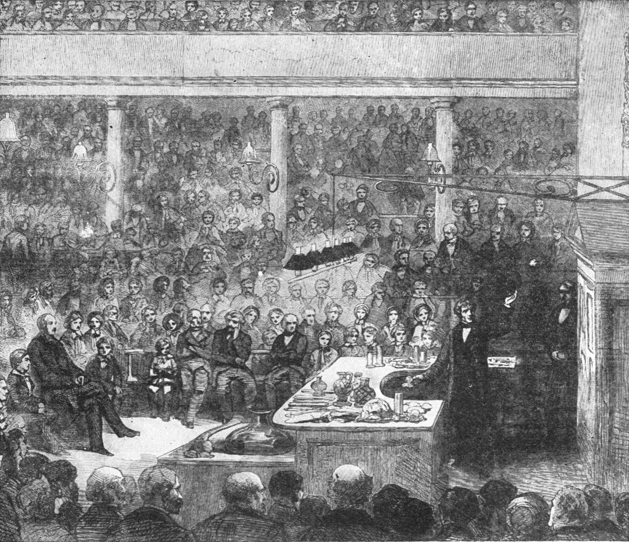 Faraday professzor előadásokat tart a Királyi Intézetben...1856, 1901. alkotó: Unbekannt