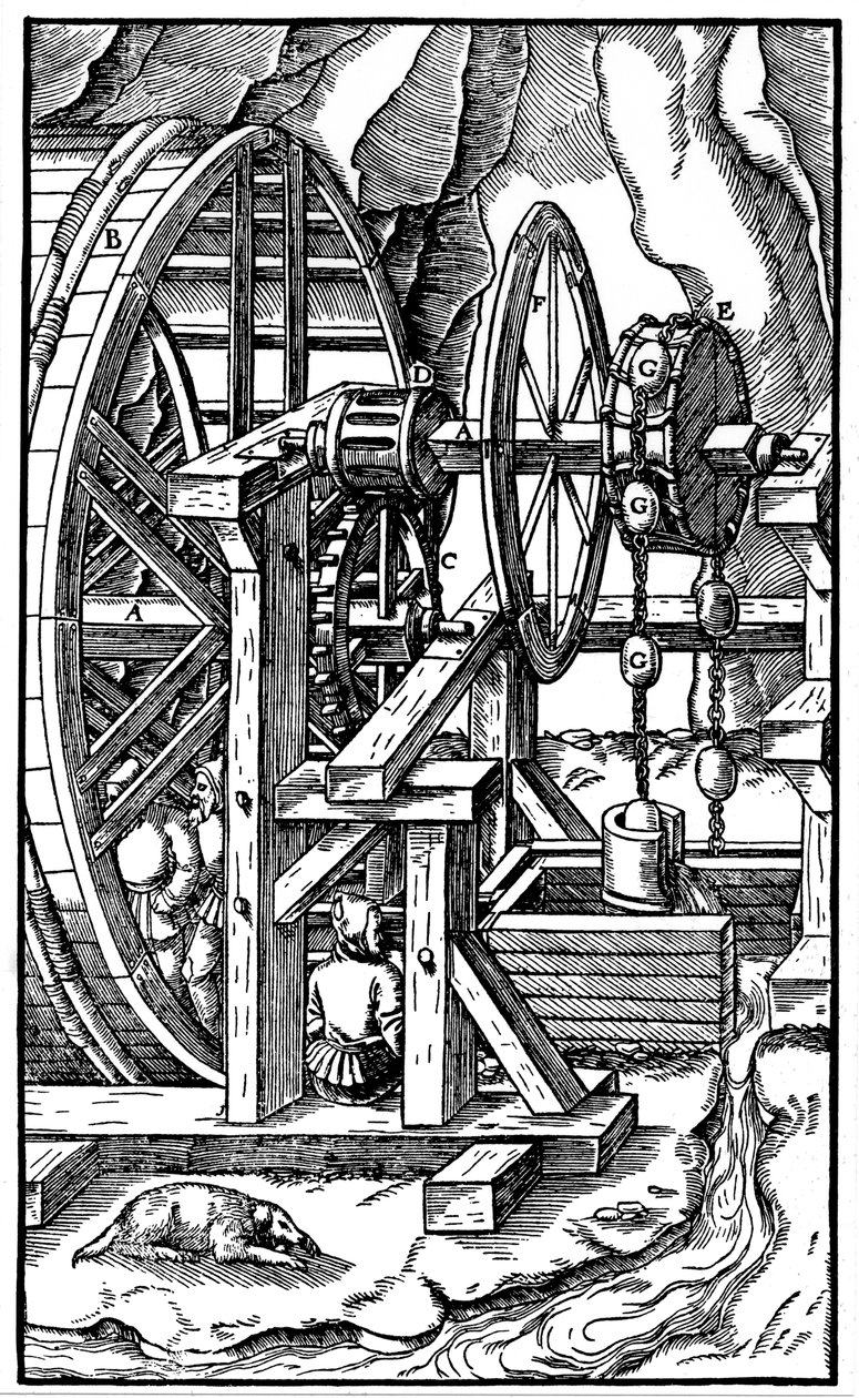 Férfiak által hajtott szivattyú egy futópadon, 1556 alkotó: Unbekannt