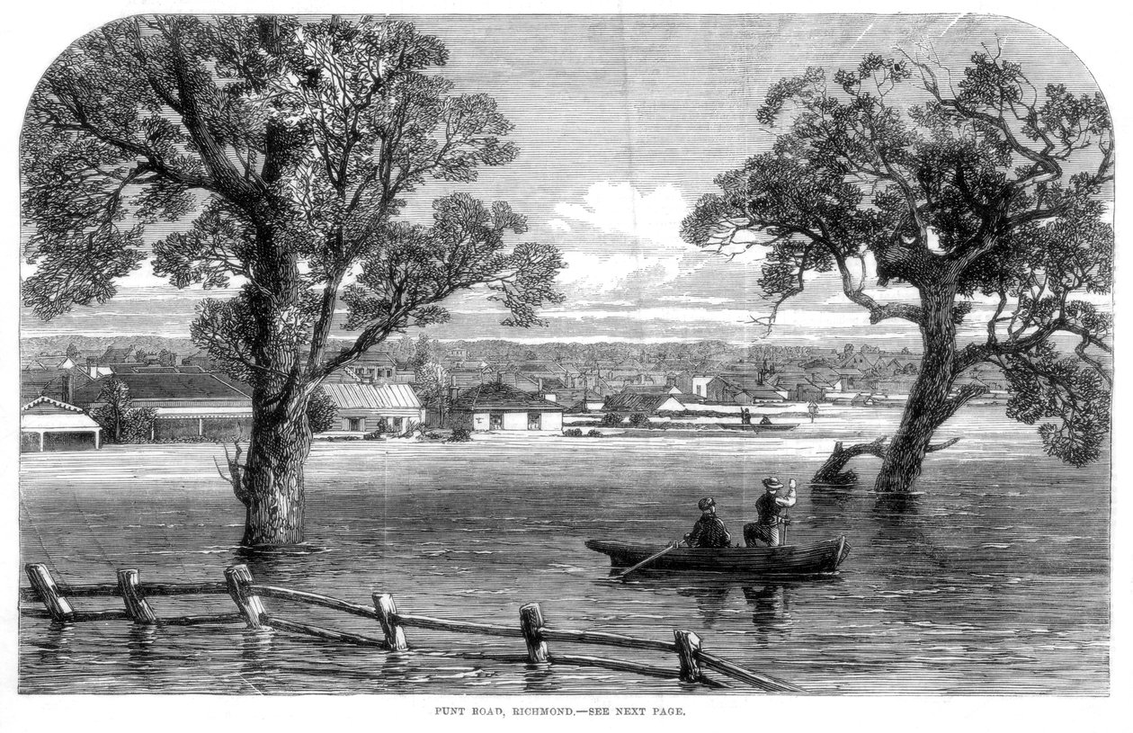 Punt Road, Richmond – Áradások Melbourne-ben, Ausztrália, 1864 alkotó: Unbekannt