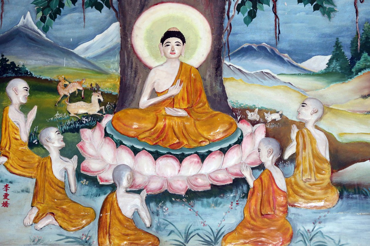 Quan Az Am Bo Tat templom (Avalokitesvara Bodhisattva pagoda). Sákjamuni Buddha a prédikációt - a törvény kerekét - hirdeti öt tanítványának. Vung Tau. Vietnam alkotó: Unbekannt