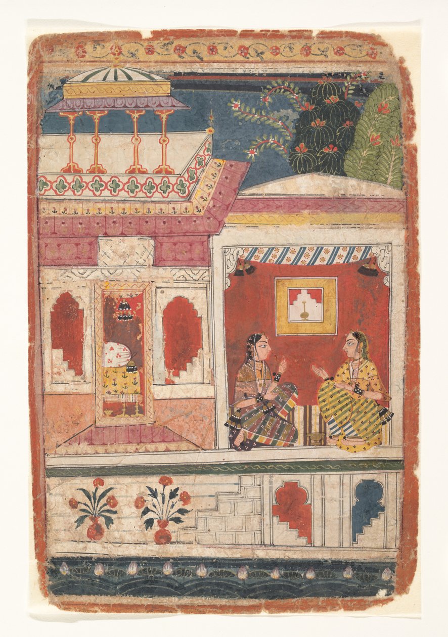 Radha és bizalmasa ülnek egy nyitott szobában: Oldal egy szétszórt Rasikapriya-ból, kb. 1680-90. alkotó: Unbekannt