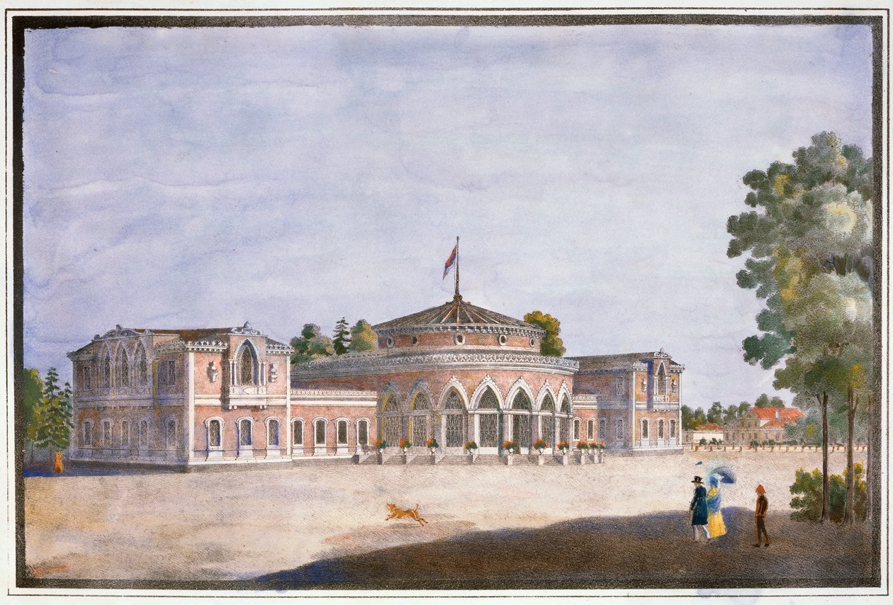 Vasútállomás és francia étterem Catharinhofban, Szentpéterváron, Oroszországban, 19. század alkotó: Unbekannt