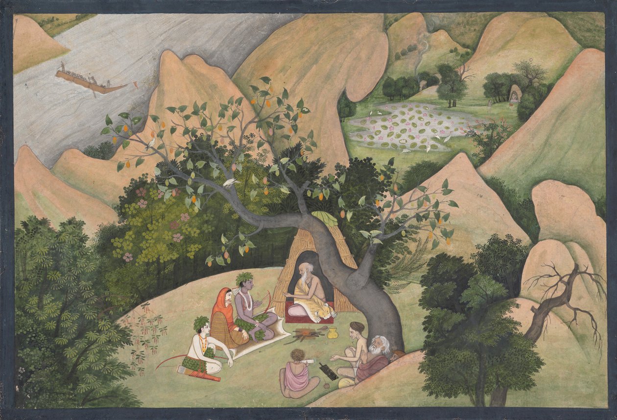 Rama, Sita és Lakshmana a Bharadvaja Ermitázsban: Illusztrált fólió a..., kb. 1780. alkotó: Unbekannt