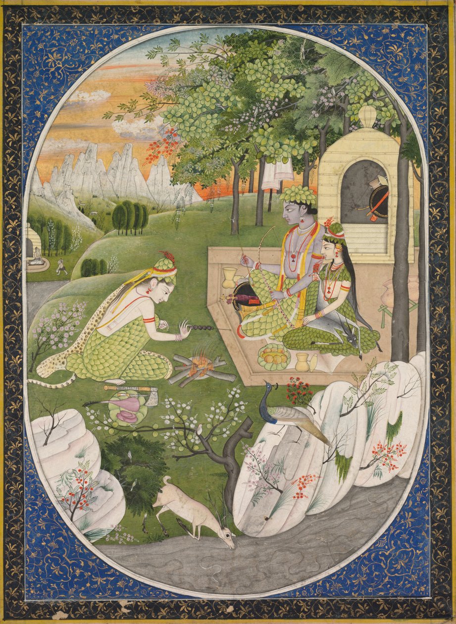 Rama, Sita és Lakshmana az erdőben, oldal a Ramayana Tales of God Rama c. 1830. alkotó: Unbekannt