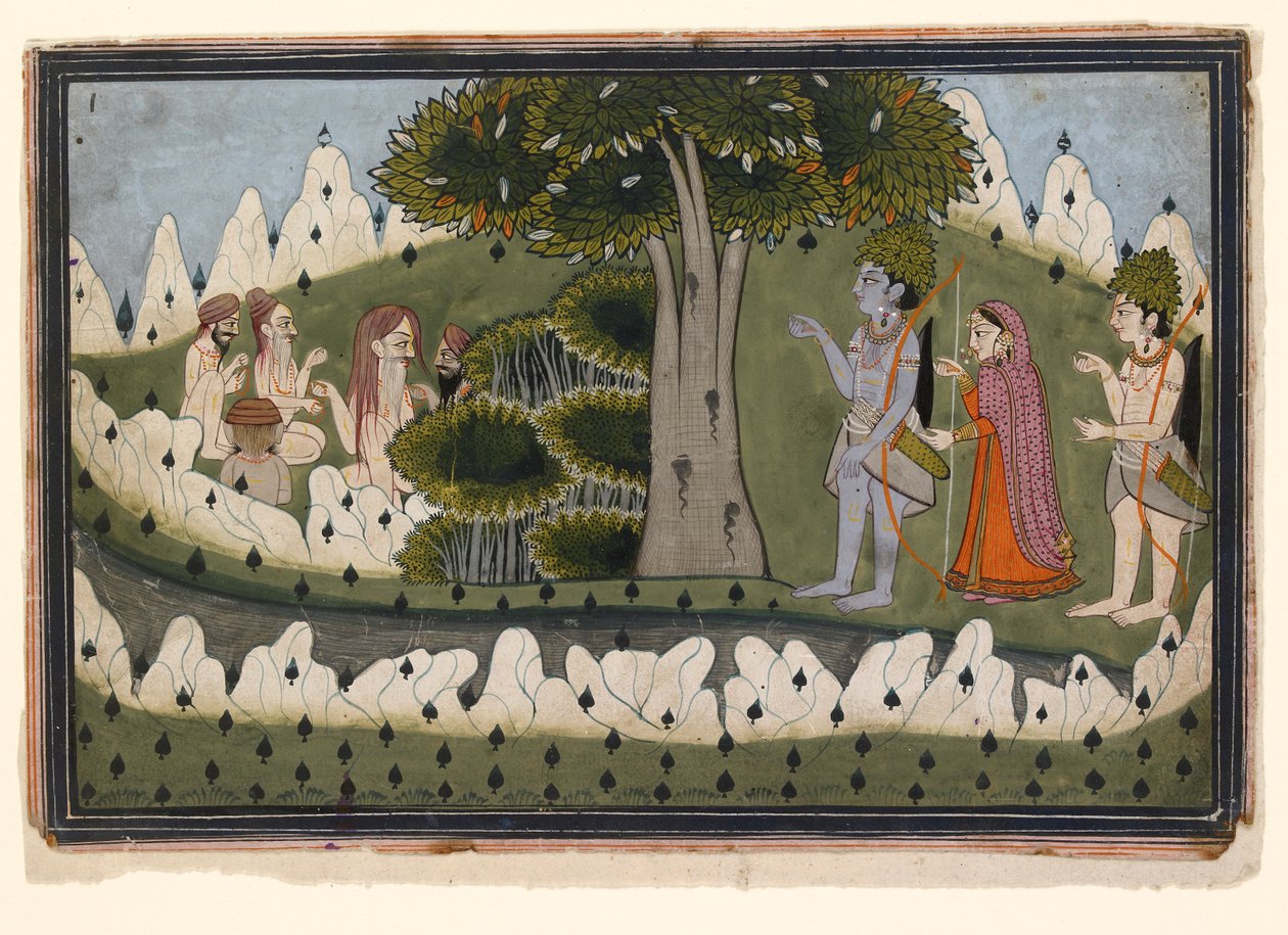 Rama, Sita és Laksmana egy táj aszkétákkal, 1830 alkotó: Unbekannt