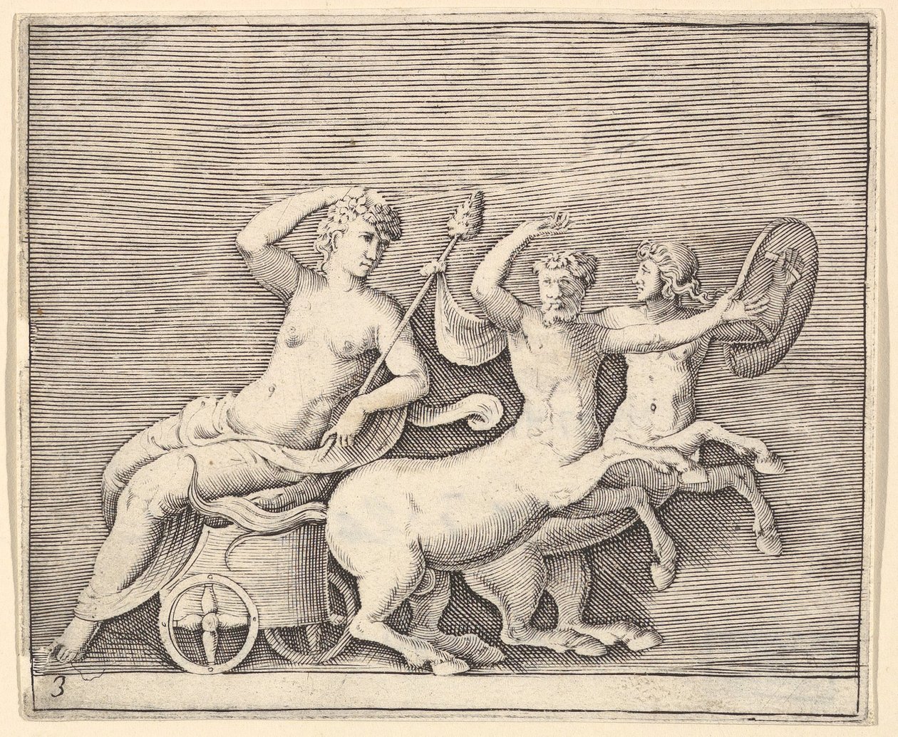 Fekvő női figura szekéren, két kentaur rajzolta, kb. 1599-1622. alkotó: Unbekannt