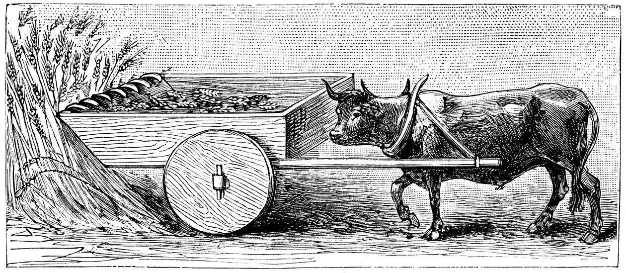 Az ókori római időkben Galliában használt aratógép rekonstrukciója Plinius leírása szerint, c1890 alkotó: Unbekannt