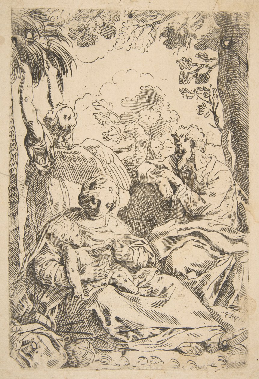Nyugodj meg Egyiptomban, a Szent Család ül, miközben egy angyal a fa ágát húzza..., kb. 1637-1639 vagy utána. alkotó: Unbekannt