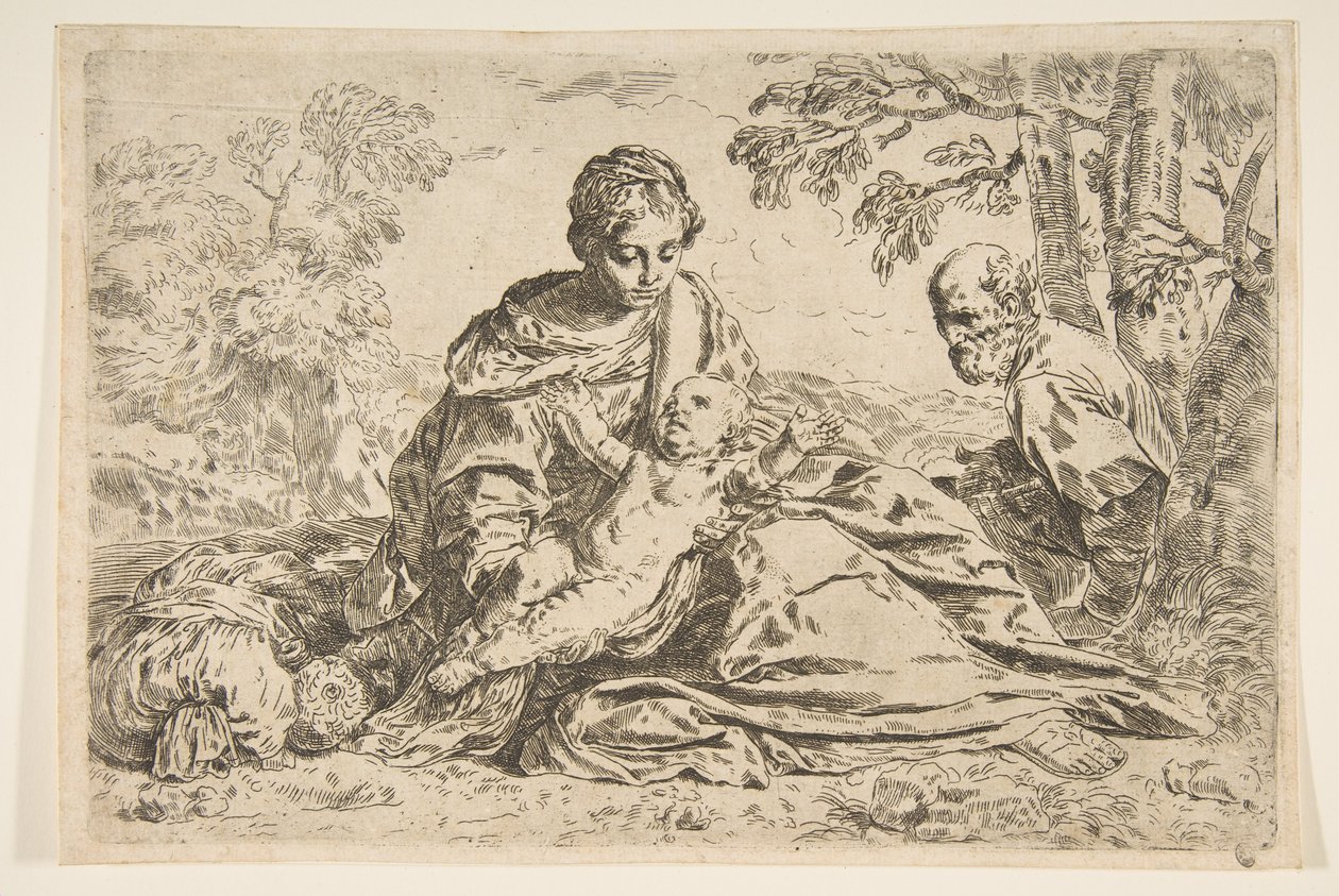 Pihenjen az Egyiptomba tartó repülésen, Mária kezében tartja a csecsemő Krisztust Szent Józseffel ..., 1640 körül vagy utána. alkotó: Unbekannt