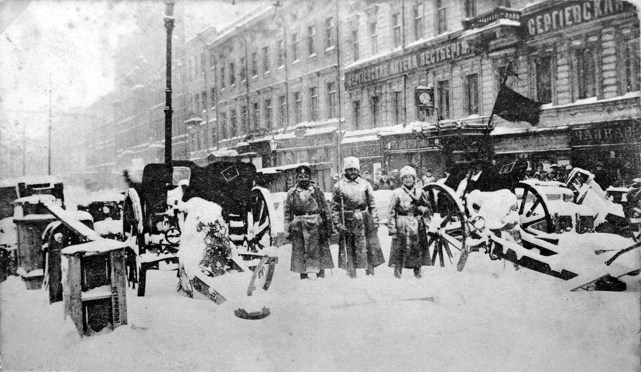 Forradalmi barikádok a Liteiny Prospekton, Petrograd, Oroszország, 1917. február 27. alkotó: Unbekannt