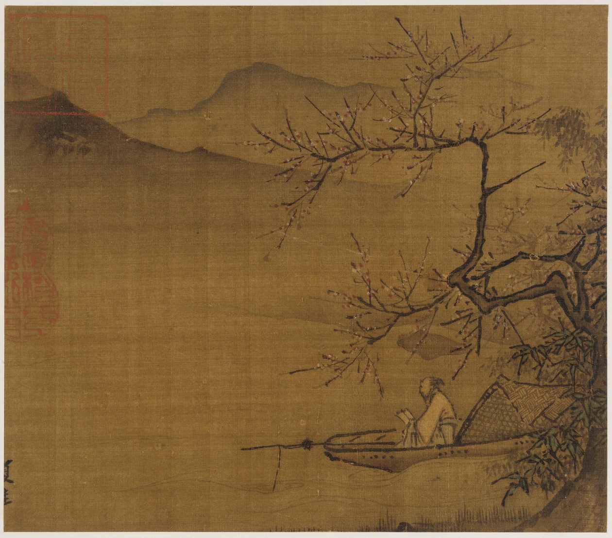 Folyói táj: egy ember, aki egy virágzó fa alatt kikötött csónakban olvas, Ming-dinasztia, 1368-1644. alkotó: Unbekannt