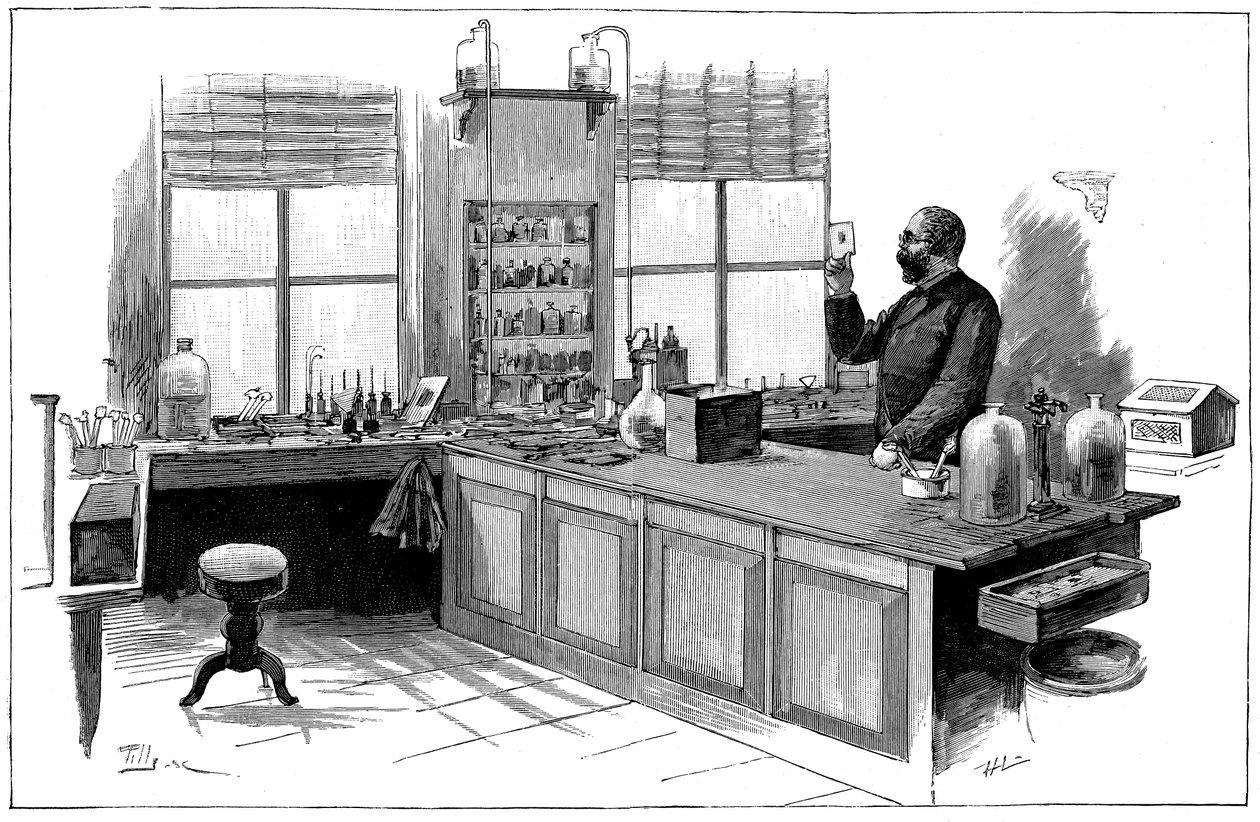 Robert Koch 1843-1910 német bakteriológus és orvos a laboratóriumában alkotó: Unbekannt
