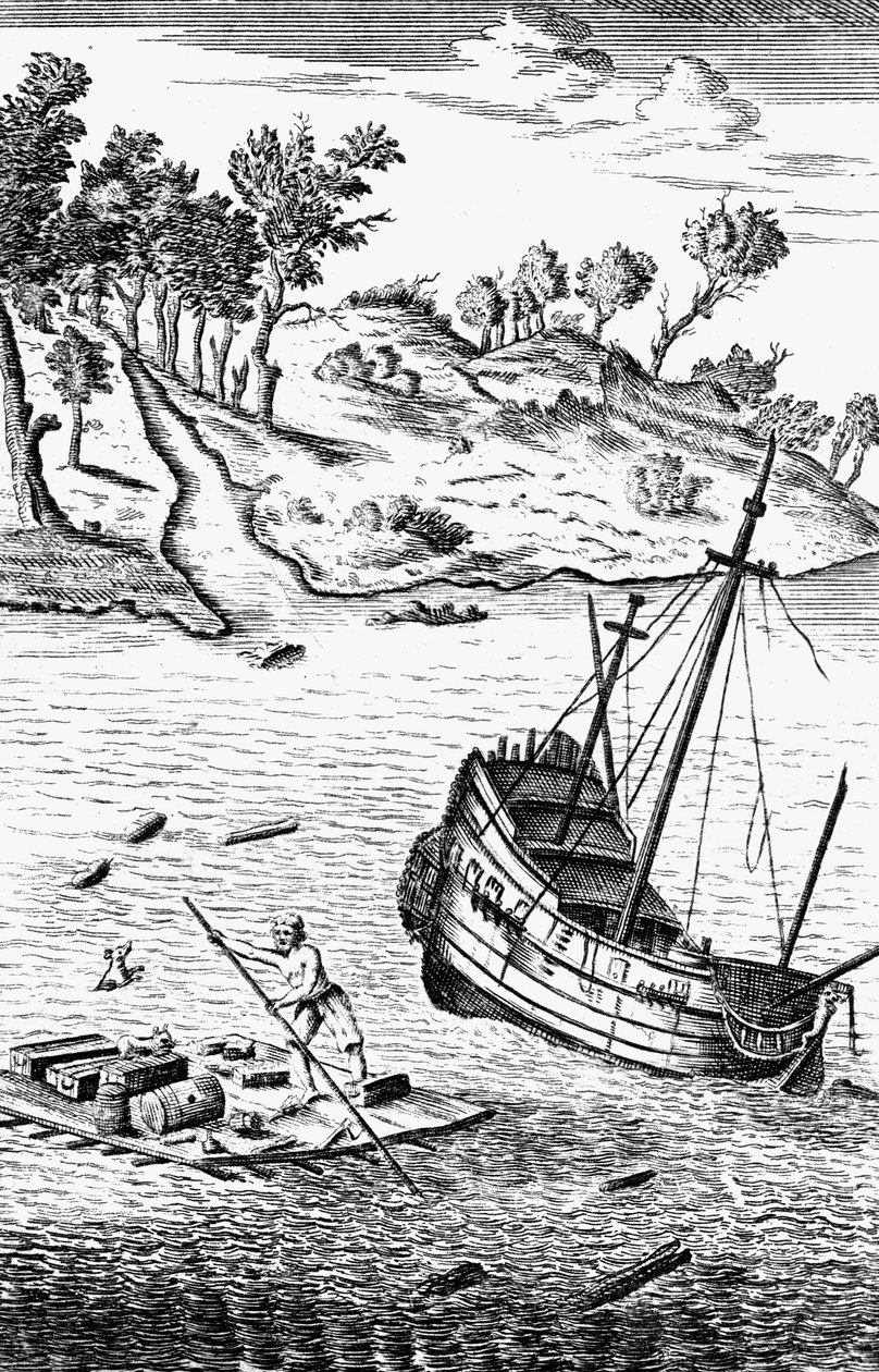 Robinson Crusoe kimenti áruit a hajó roncsából, c1719 alkotó: Unbekannt