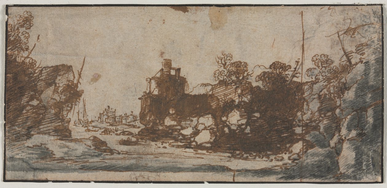 Rocky Inlet csónakokkal és épületekkel recto, kastélyvázlatok, 1600-as évek. alkotó: Unbekannt