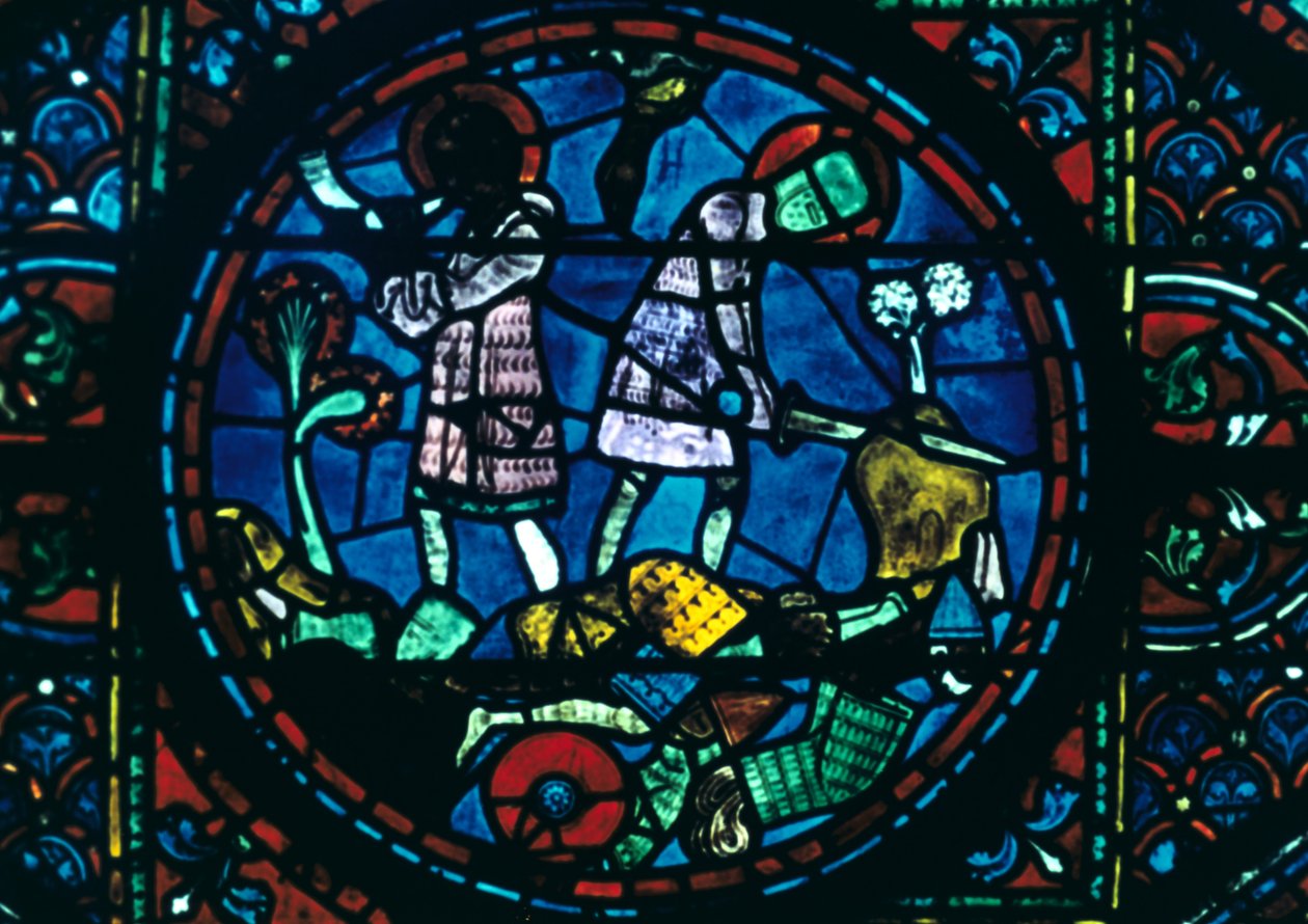 Roland eltöri a kardját és megszólaltatja a kürtjét, ólomüveg, Chartres-i katedrális, Franciaország, 1194-1260 alkotó: Unbekannt