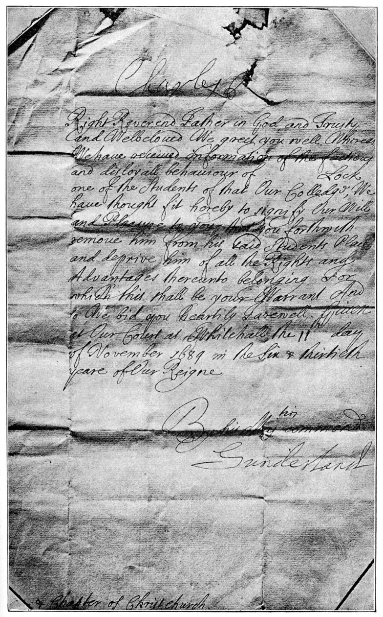 Királyi megbízás, hogy töröljék Locke nevét az oxfordi Christ Church diákjai közül, 1684, 1894 alkotó: Unbekannt