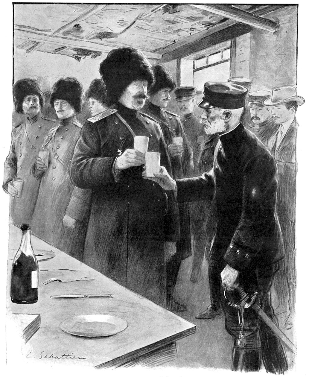 Orosz és japán tábornokok pohárköszöntőt mondanak, Orosz-Japán háború 1904–1905 alkotó: Unbekannt