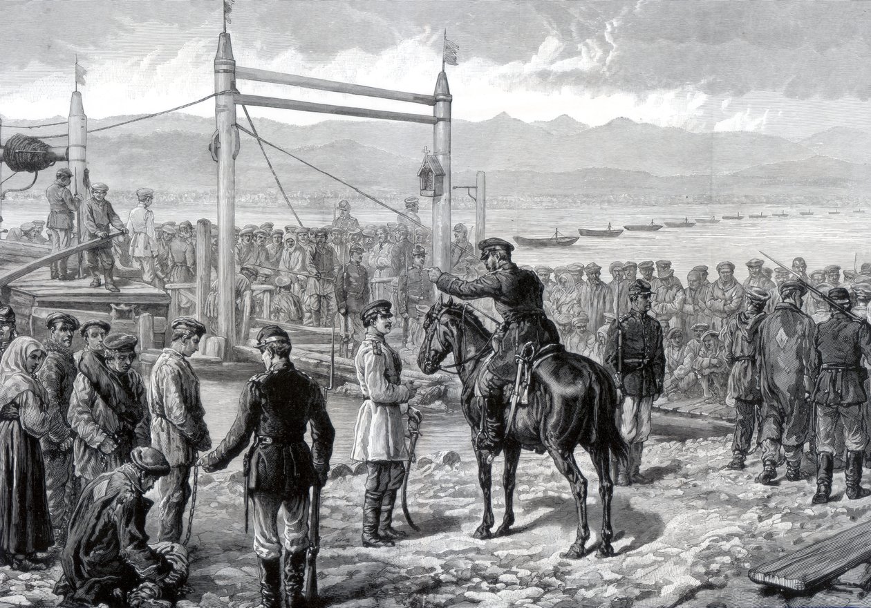 Orosz elítéltek katonai kíséret alatt, arra várva, hogy átszállítsák őket a Jenyiszej folyón, Szibériában, 1882 alkotó: Unbekannt