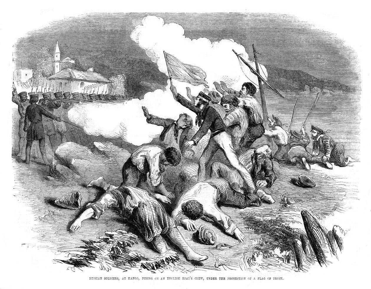 Orosz katonák lövöldöznek egy angol hajó legénységére a fegyverszüneti zászló védelme alatt, 1855 alkotó: Unbekannt