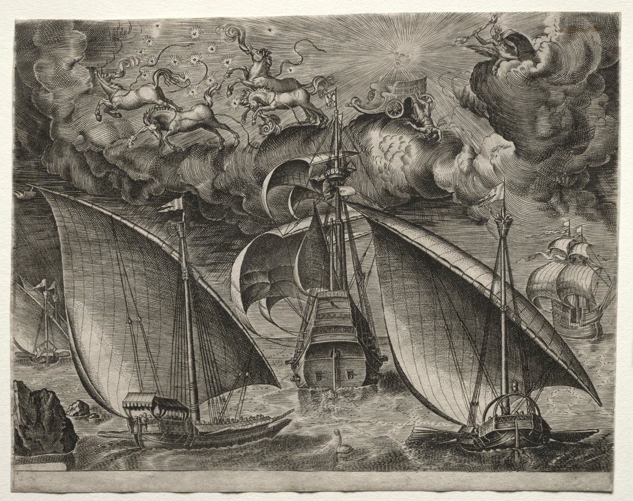 Vitorlás hajók: két gálya vitorlázva egy fegyveres háromfős mögött Phaetonnal..., 1561-65. alkotó: Unbekannt