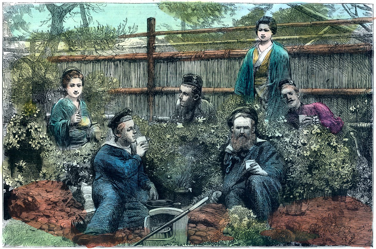 A HMS Challenger tengerészei teáznak egy teaházban Yokohama közelében, Japánban, 1888 alkotó: Unbekannt